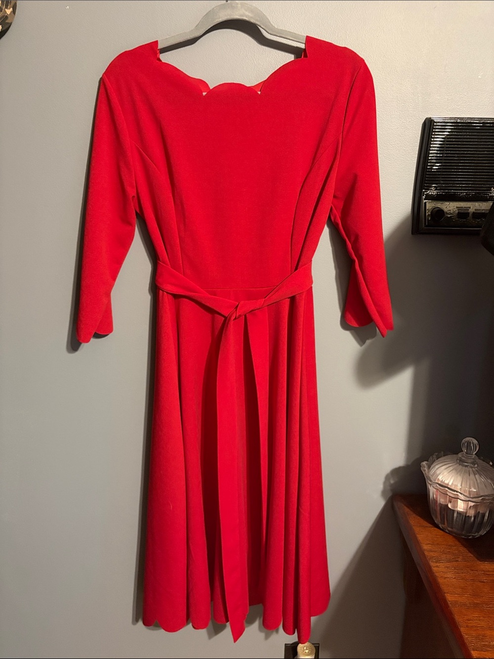Red Scallop-Neck A-Line Dress with Waist Tie